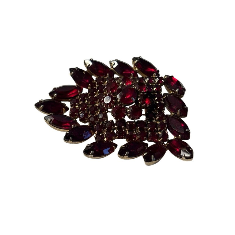 VTG Red Brooch Pin Navette and Round Rhinestone Gold Tone Large Statement Chunky - Picture 2 of 16